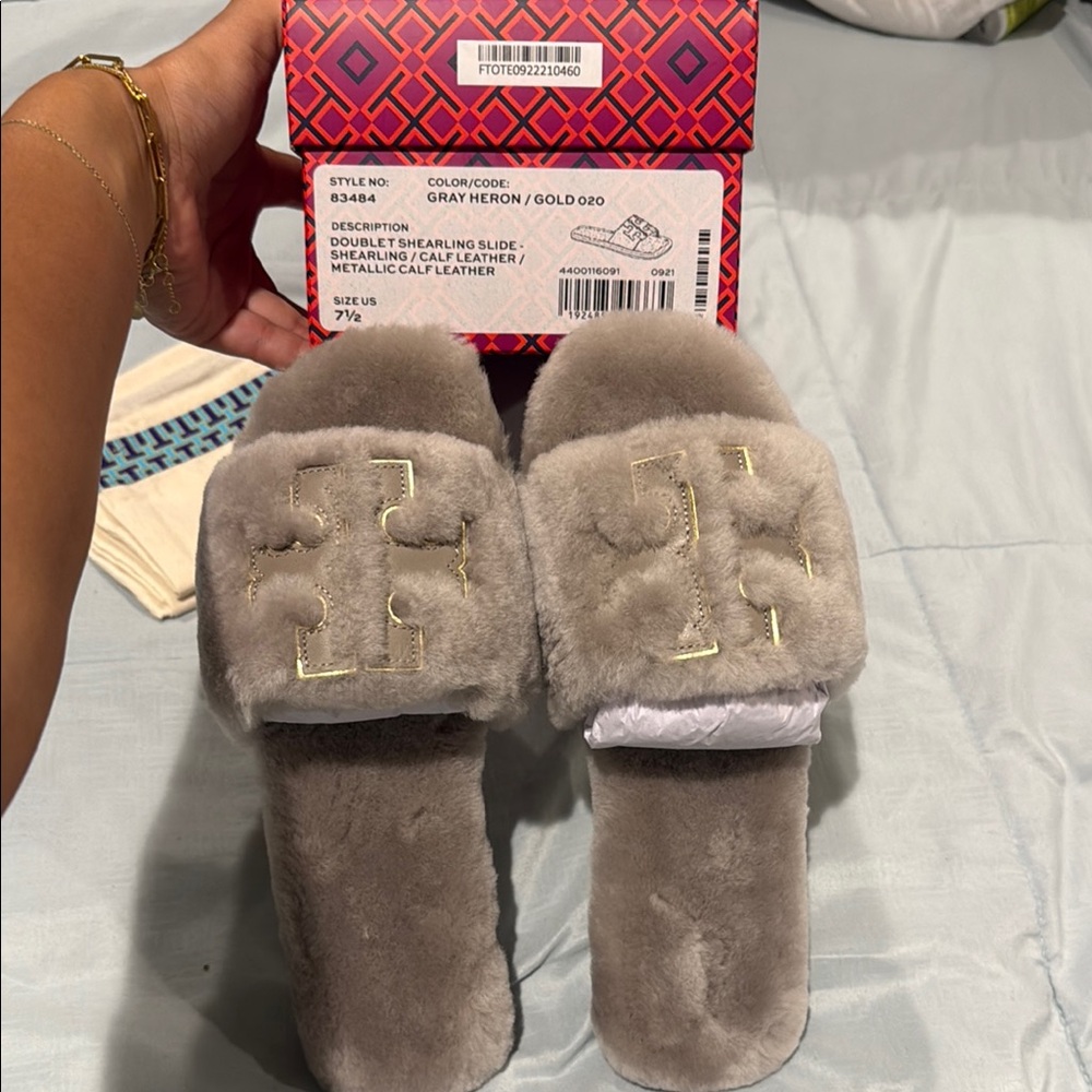 Tory Burch Gray Shearling Slide Sandals with Gold Logo
